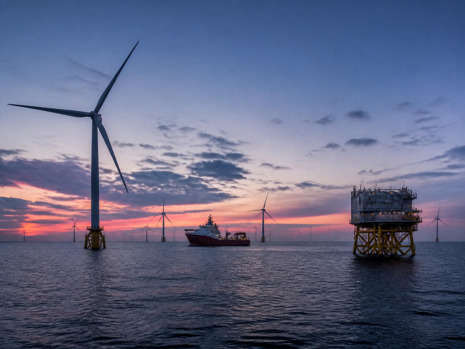 Offshore wind installation vessel with jack-up rig and turbines